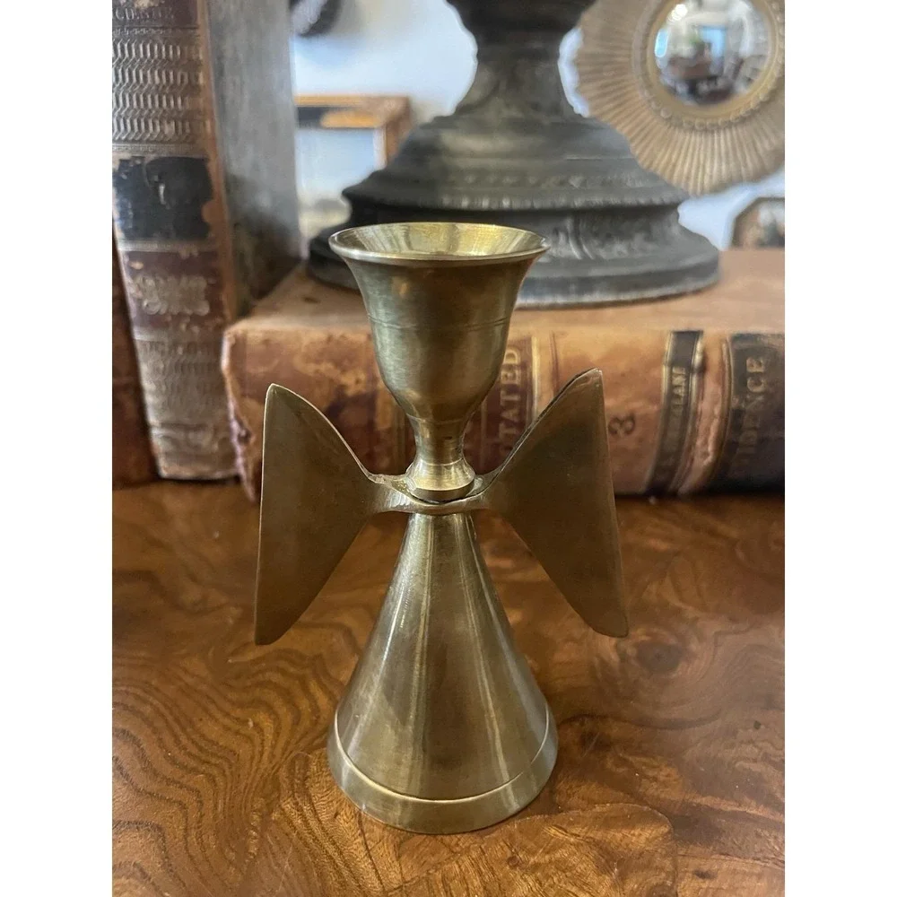 Vtg Solid Brass Angel Wing Candle Holder 4